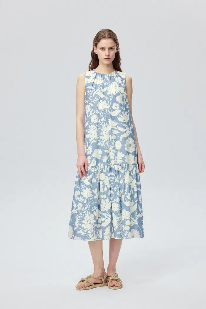 Sky Flora Print Sleeveless Dress in Cotton Poplin - Image 3