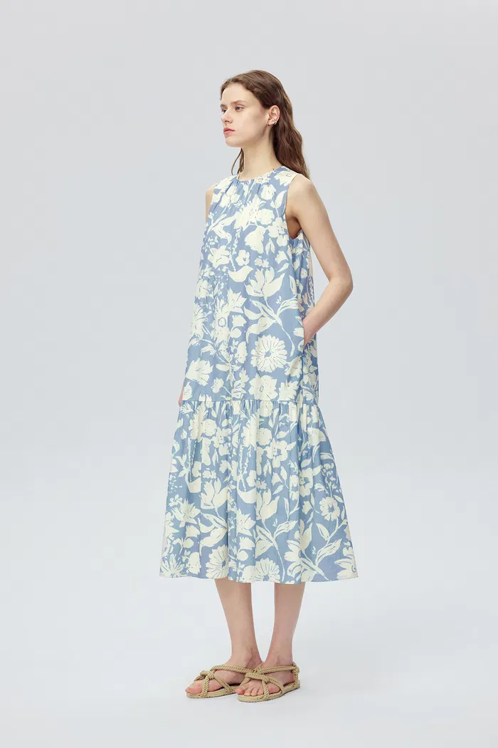 Sky Flora Print Sleeveless Dress in Cotton Poplin - Image 4