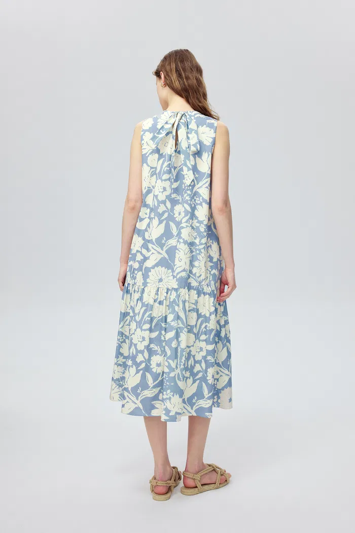 Sky Flora Print Sleeveless Dress in Cotton Poplin - Image 5