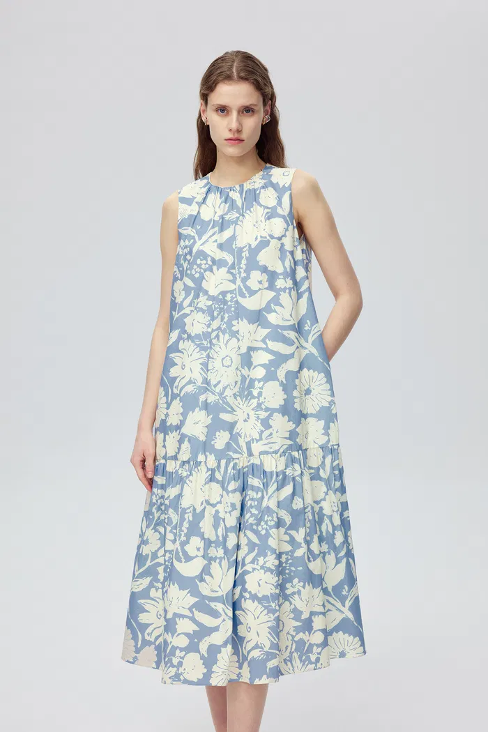 Sky Flora Print Sleeveless Dress in Cotton Poplin - Image 6