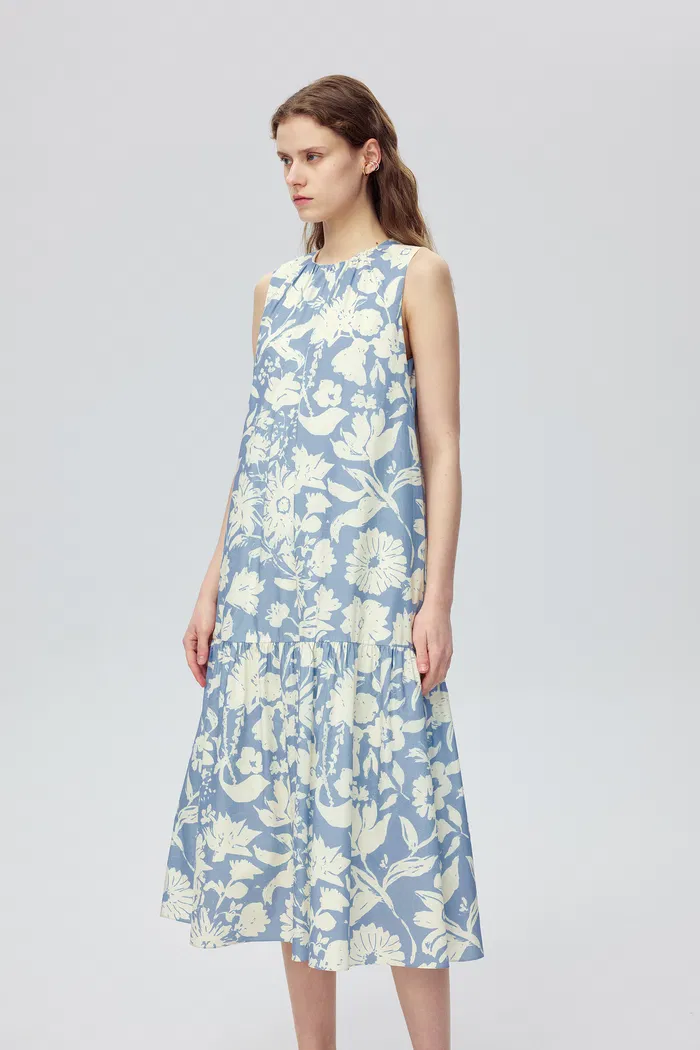 Sky Flora Print Sleeveless Dress in Cotton Poplin - Image 7