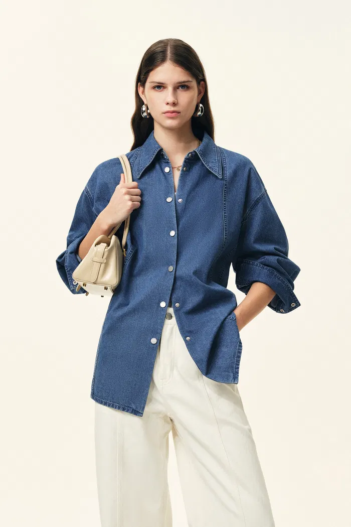 Skye Seam Detail Denim Shirt in Cotton Denim - Image 2