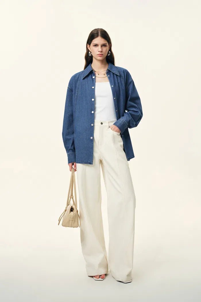 Skye Seam Detail Denim Shirt in Cotton Denim - Image 3