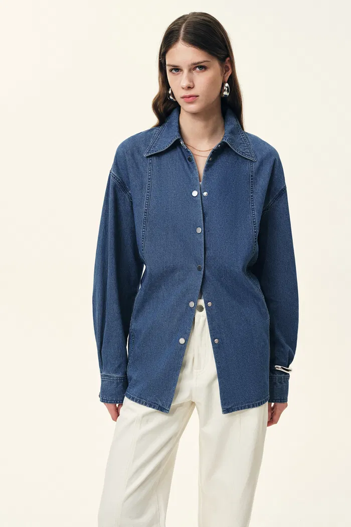 Skye Seam Detail Denim Shirt in Cotton Denim - Image 4