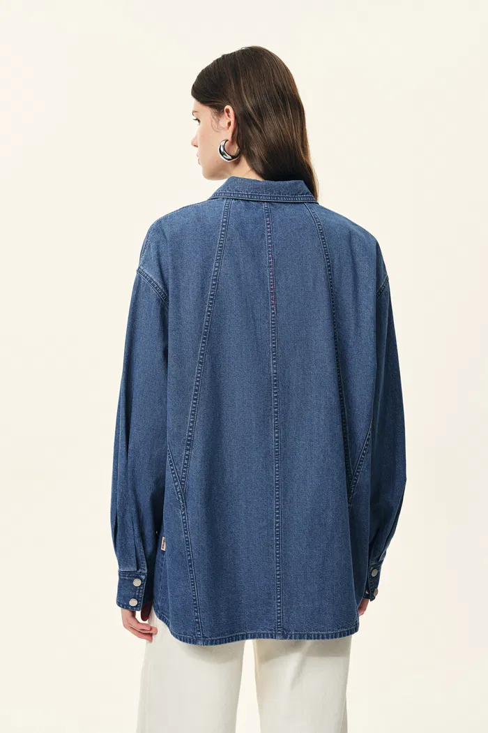 Skye Seam Detail Denim Shirt in Cotton Denim - Image 5