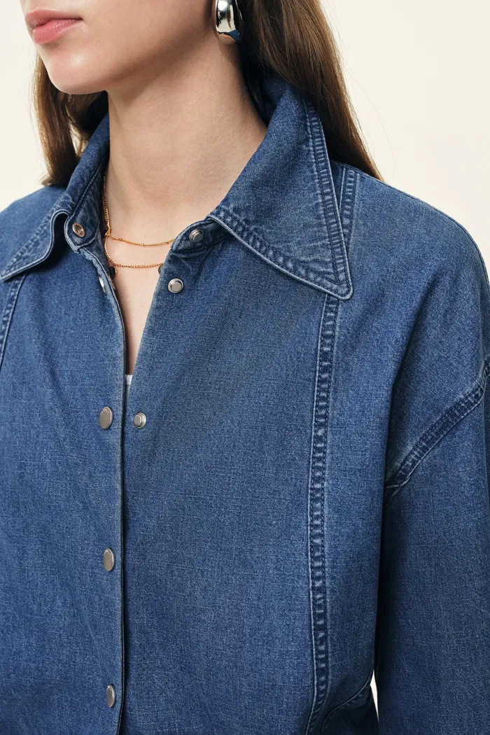 Skye Seam Detail Denim Shirt in Cotton Denim - Image 6