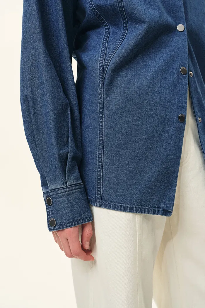 Skye Seam Detail Denim Shirt in Cotton Denim - Image 7