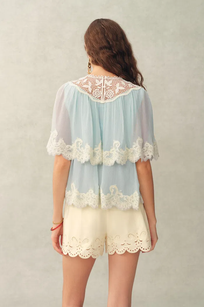 Sophia Lace Embroidery Summer Cape Short Sleeve Blouse in Silk Blend Crinkled Georgette - Image 3