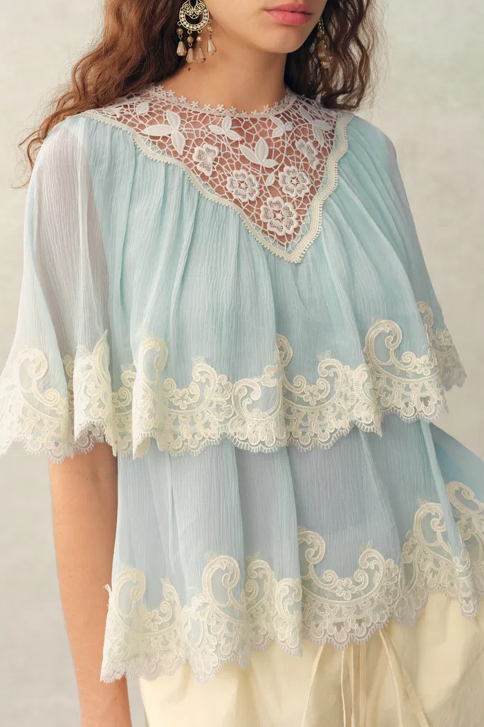 Sophia Lace Embroidery Summer Cape Short Sleeve Blouse in Silk Blend Crinkled Georgette - Image 4