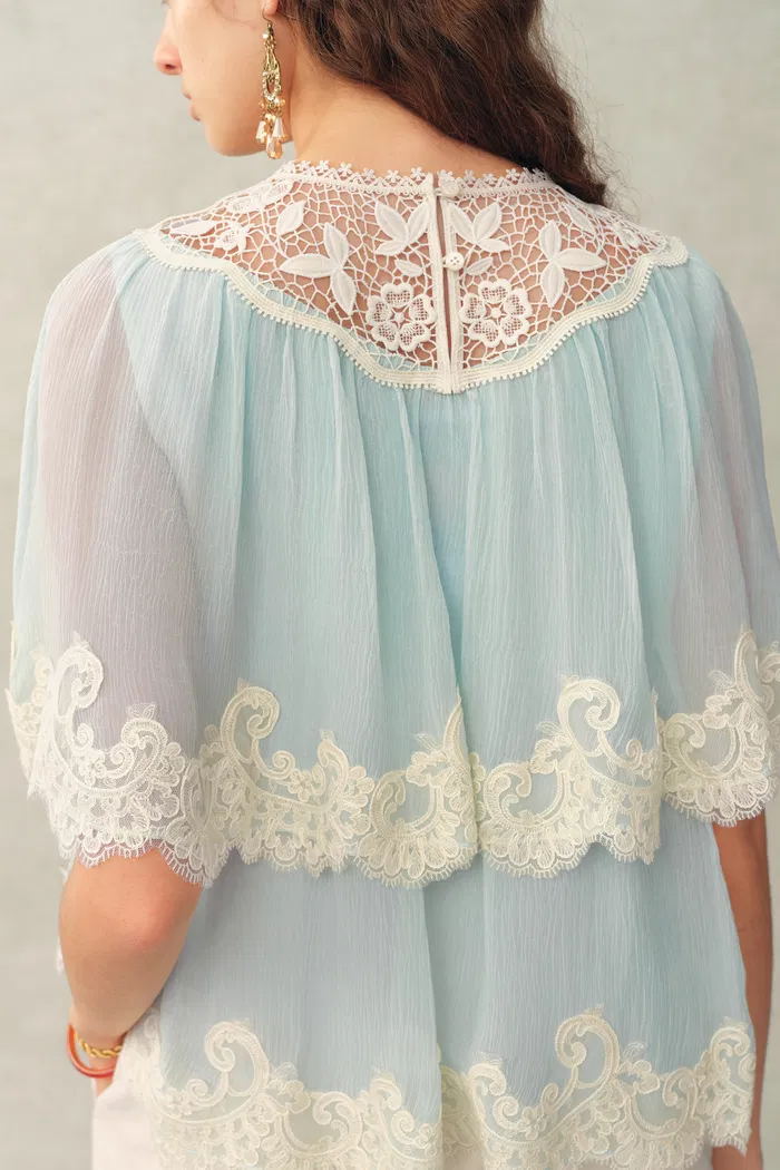 Sophia Lace Embroidery Summer Cape Short Sleeve Blouse in Silk Blend Crinkled Georgette - Image 5