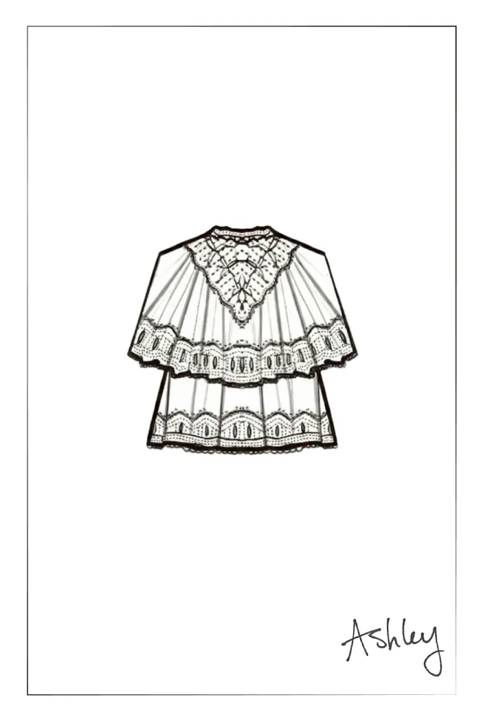Sophia Lace Embroidery Summer Cape Short Sleeve Blouse in Silk Blend Crinkled Georgette - Image 6