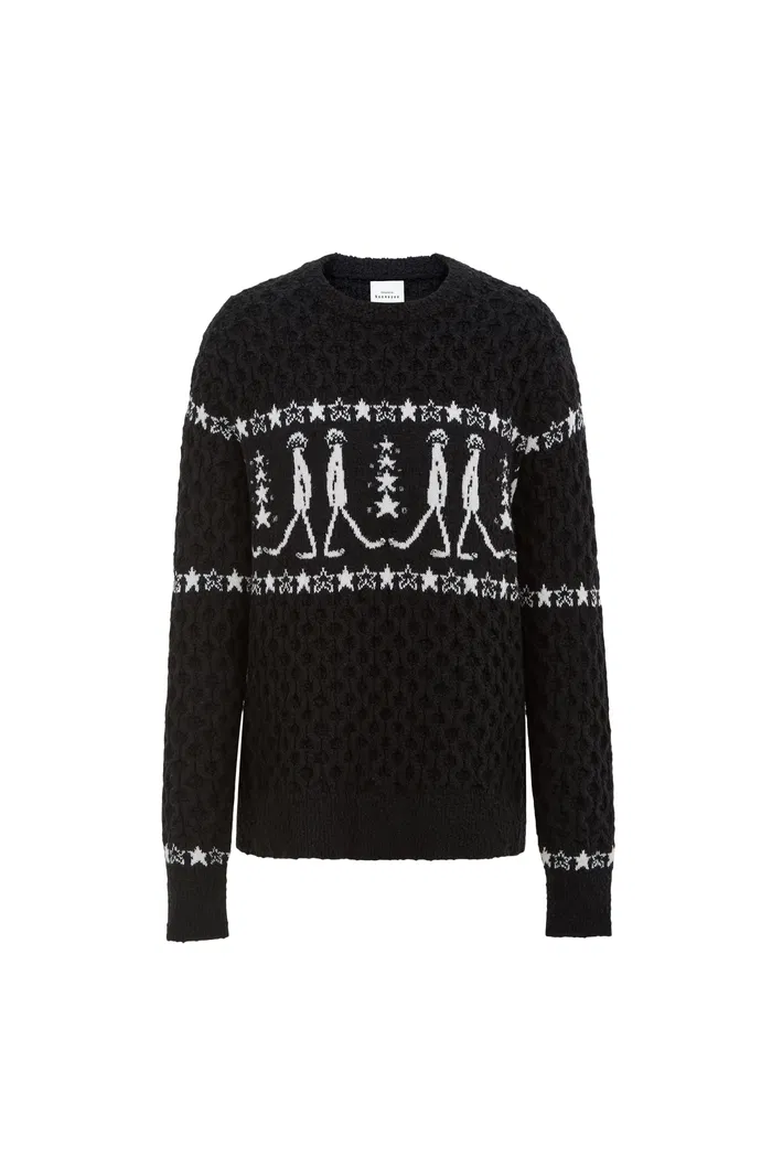 Star Walker Black Fair Isle Pullover in Viscose Wool Pom-Pom Yarn Knit - Image 10