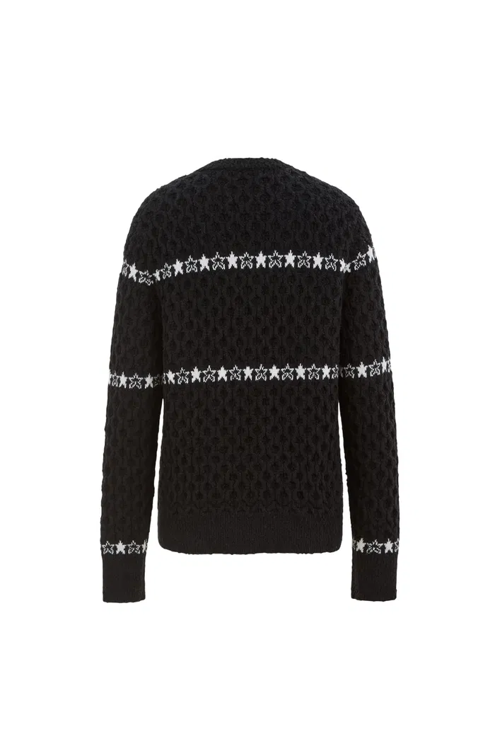 Star Walker Black Fair Isle Pullover in Viscose Wool Pom-Pom Yarn Knit - Image 11