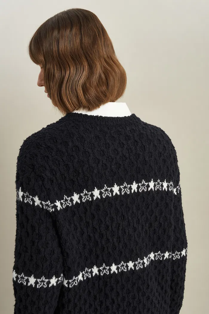 Star Walker Black Fair Isle Pullover in Viscose Wool Pom-Pom Yarn Knit - Image 2