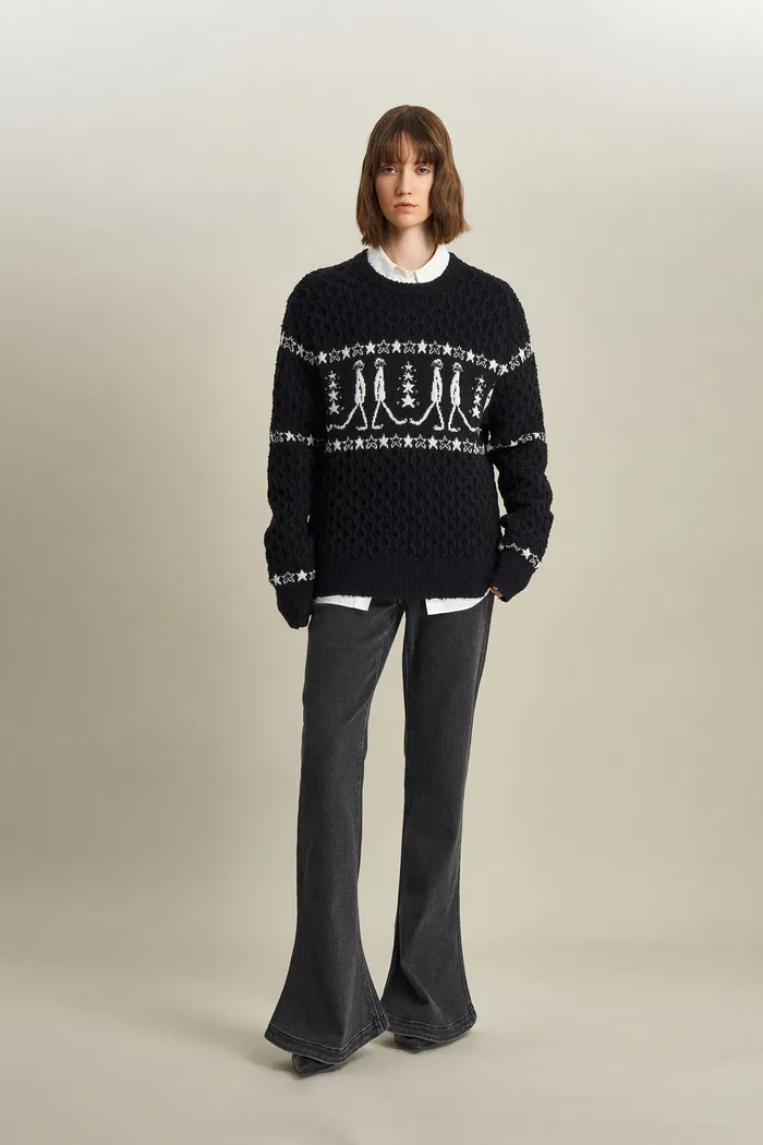 Star Walker Black Fair Isle Pullover in Viscose Wool Pom-Pom Yarn Knit - Image 3