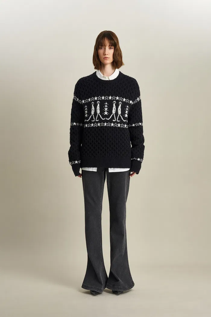 Star Walker Black Fair Isle Pullover in Viscose Wool Pom-Pom Yarn Knit - Image 4