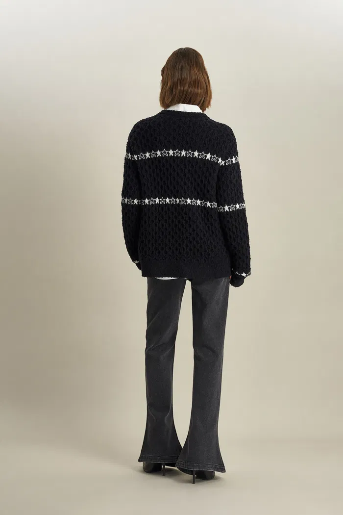 Star Walker Black Fair Isle Pullover in Viscose Wool Pom-Pom Yarn Knit - Image 5