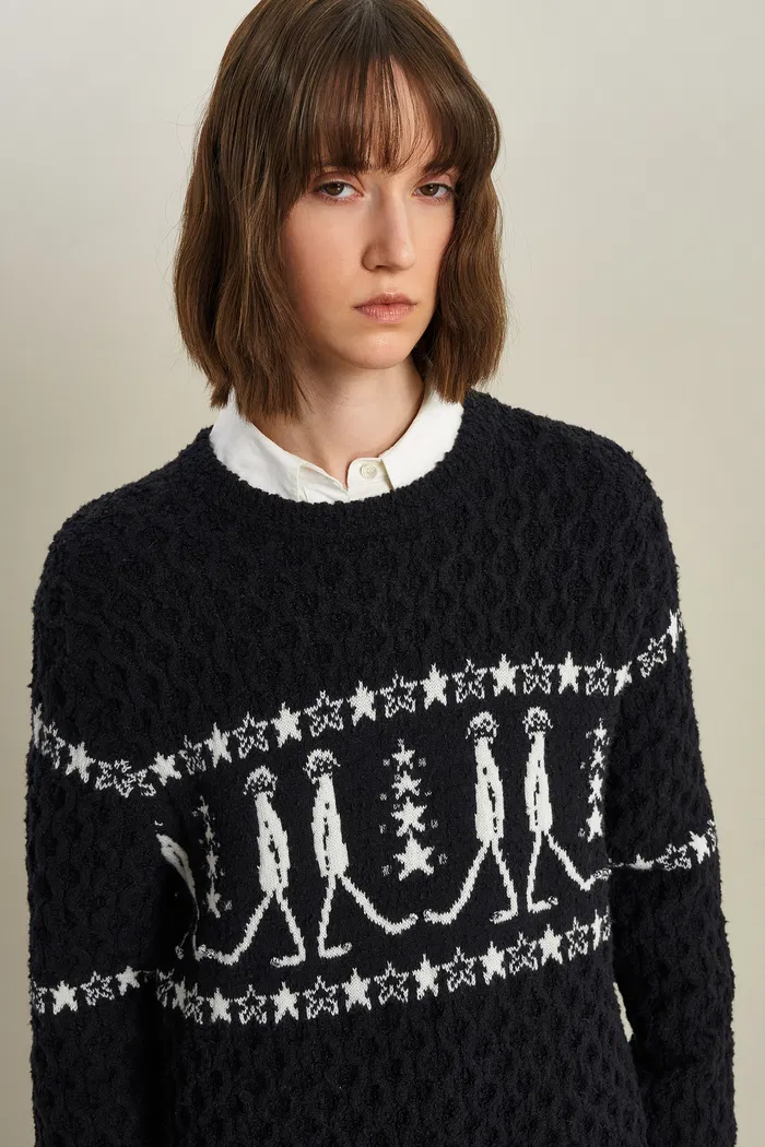 Star Walker Black Fair Isle Pullover in Viscose Wool Pom-Pom Yarn Knit - Image 6