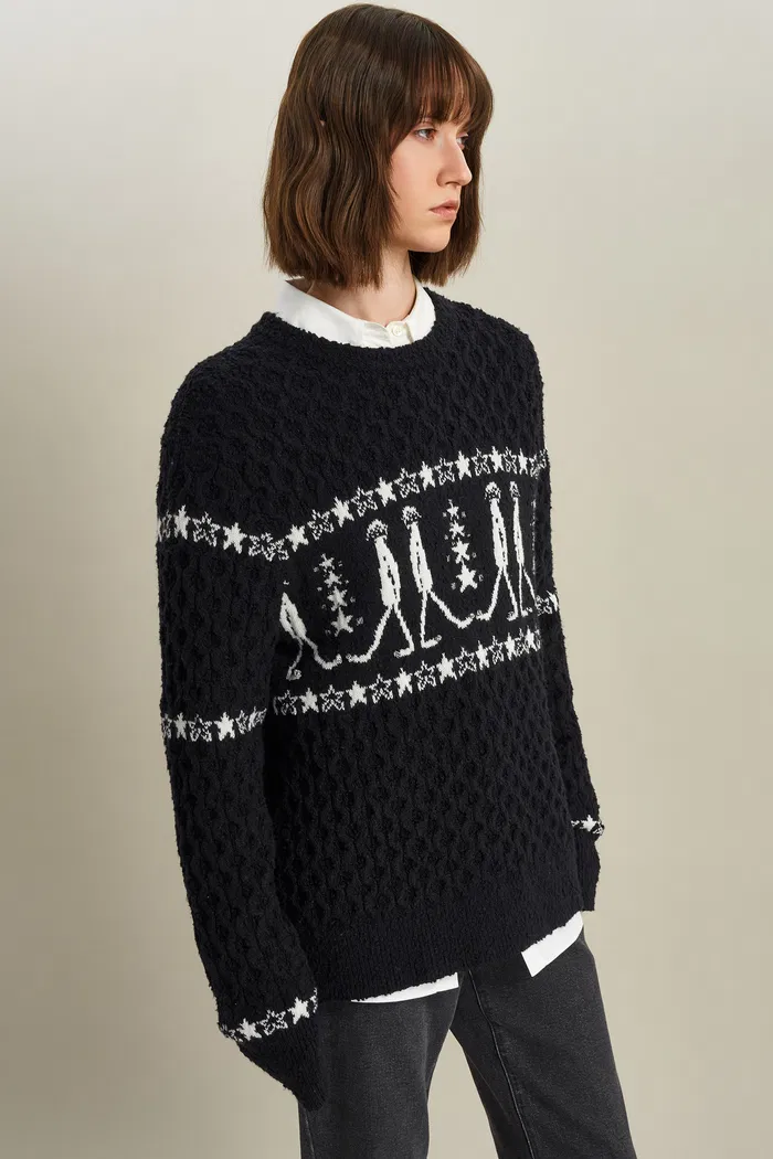 Star Walker Black Fair Isle Pullover in Viscose Wool Pom-Pom Yarn Knit - Image 7
