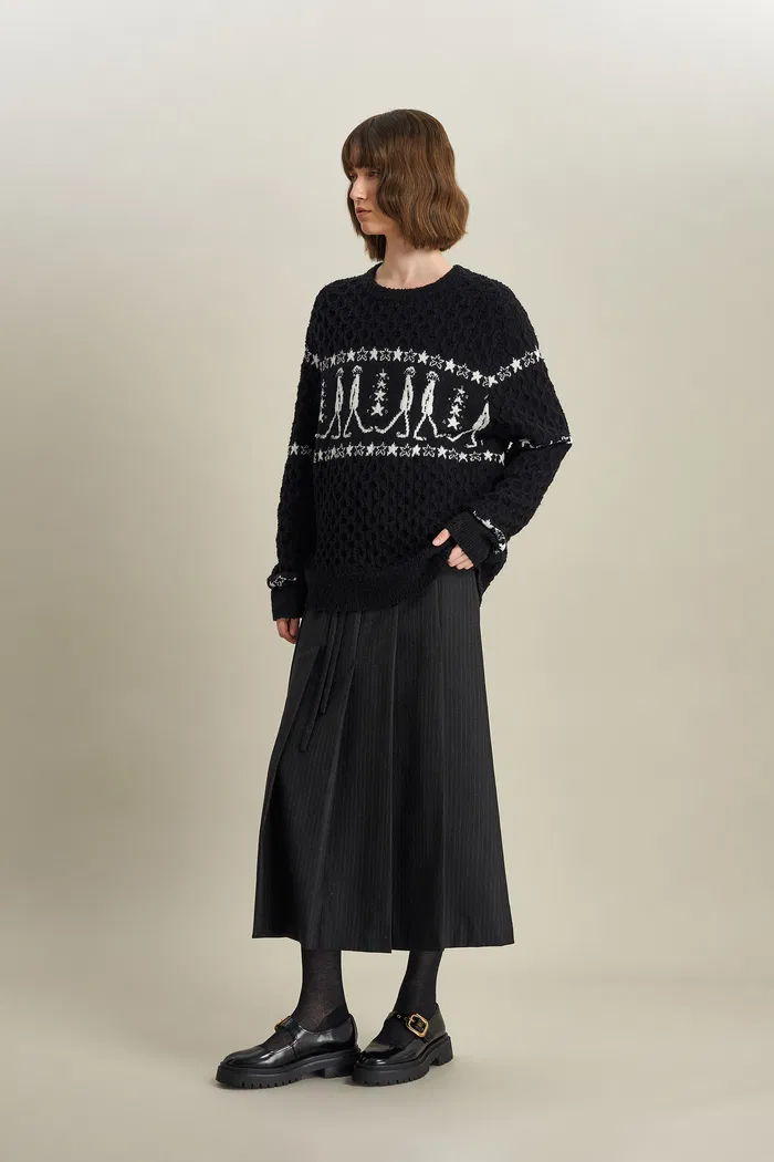Star Walker Black Fair Isle Pullover in Viscose Wool Pom-Pom Yarn Knit - Image 8