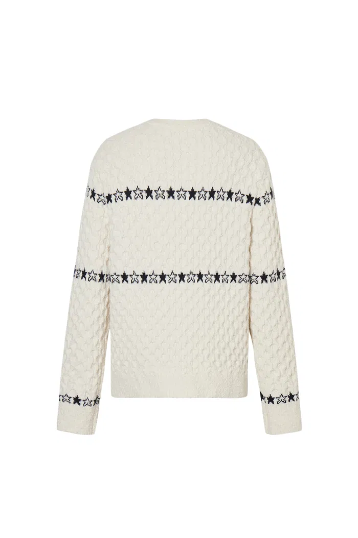 Star Walker White Fair Isle Pullover in Viscose Wool Pom-Pom Yarn Knit - Image 12