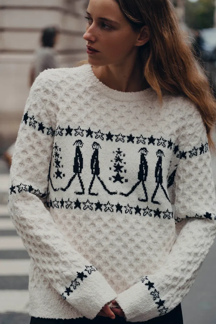 Star Walker White Fair Isle Pullover in Wool Pom-Pom Yarn Knit - Image 2