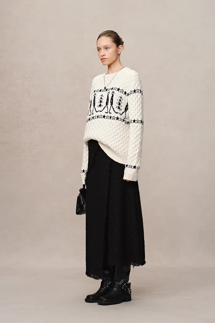 Star Walker White Fair Isle Pullover in Wool Pom-Pom Yarn Knit - Image 4