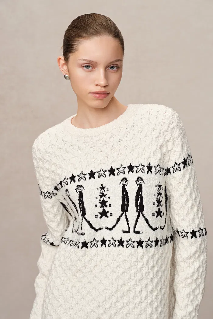 Star Walker White Fair Isle Pullover in Wool Pom-Pom Yarn Knit - Image 5