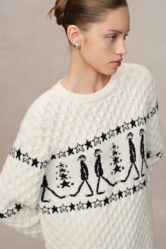 Star Walker White Fair Isle Pullover in Wool Pom-Pom Yarn Knit - Image 6