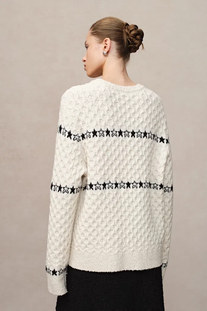 Star Walker White Fair Isle Pullover in Wool Pom-Pom Yarn Knit - Image 7