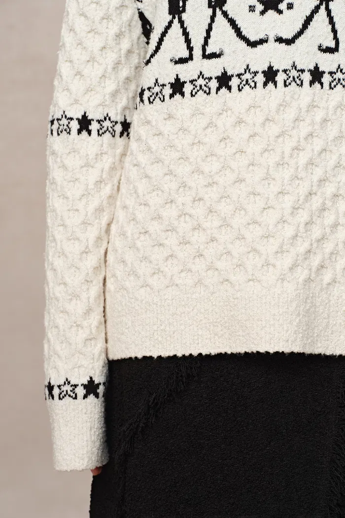 Star Walker White Fair Isle Pullover in Wool Pom-Pom Yarn Knit - Image 8