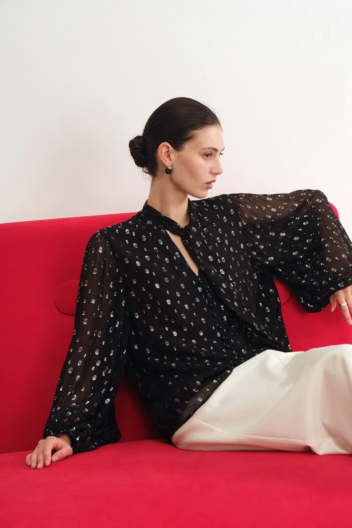 Stars Neck Scarf Blouse Silk Crepe with Metallic Accents - Image 3
