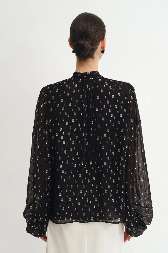 Stars Neck Scarf Blouse Silk Crepe with Metallic Accents - Image 4