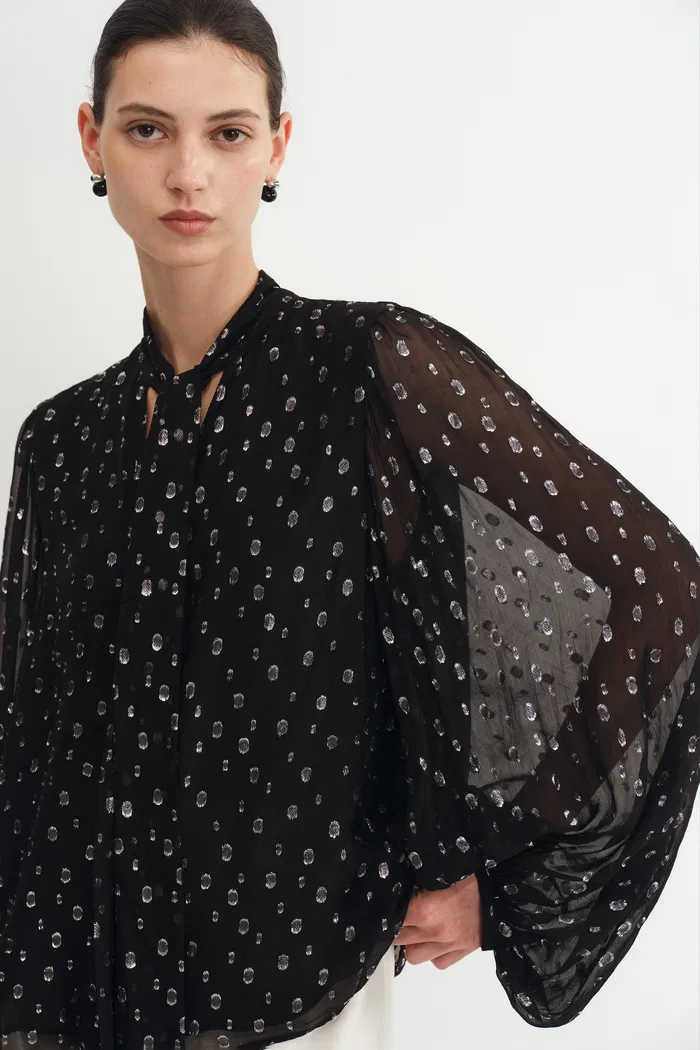 Stars Neck Scarf Blouse Silk Crepe with Metallic Accents - Image 5