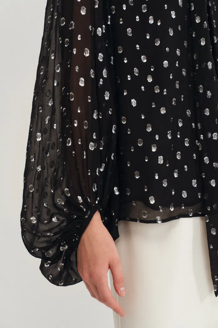 Stars Neck Scarf Blouse Silk Crepe with Metallic Accents - Image 7