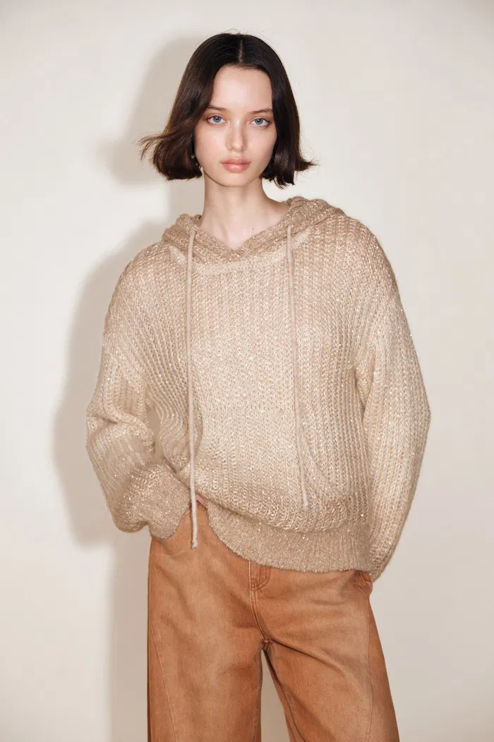 Stella Drawstring Sequined Hooded Sweatshirt in Mohair Sequin Yarn - Image 2