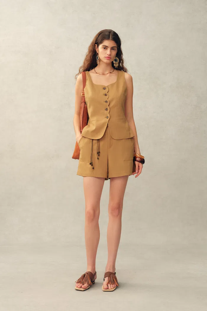Suzane Handwork Stitched Scalloped Trim Sleeveless Top and Shorts Set in Linen Blend Suiting