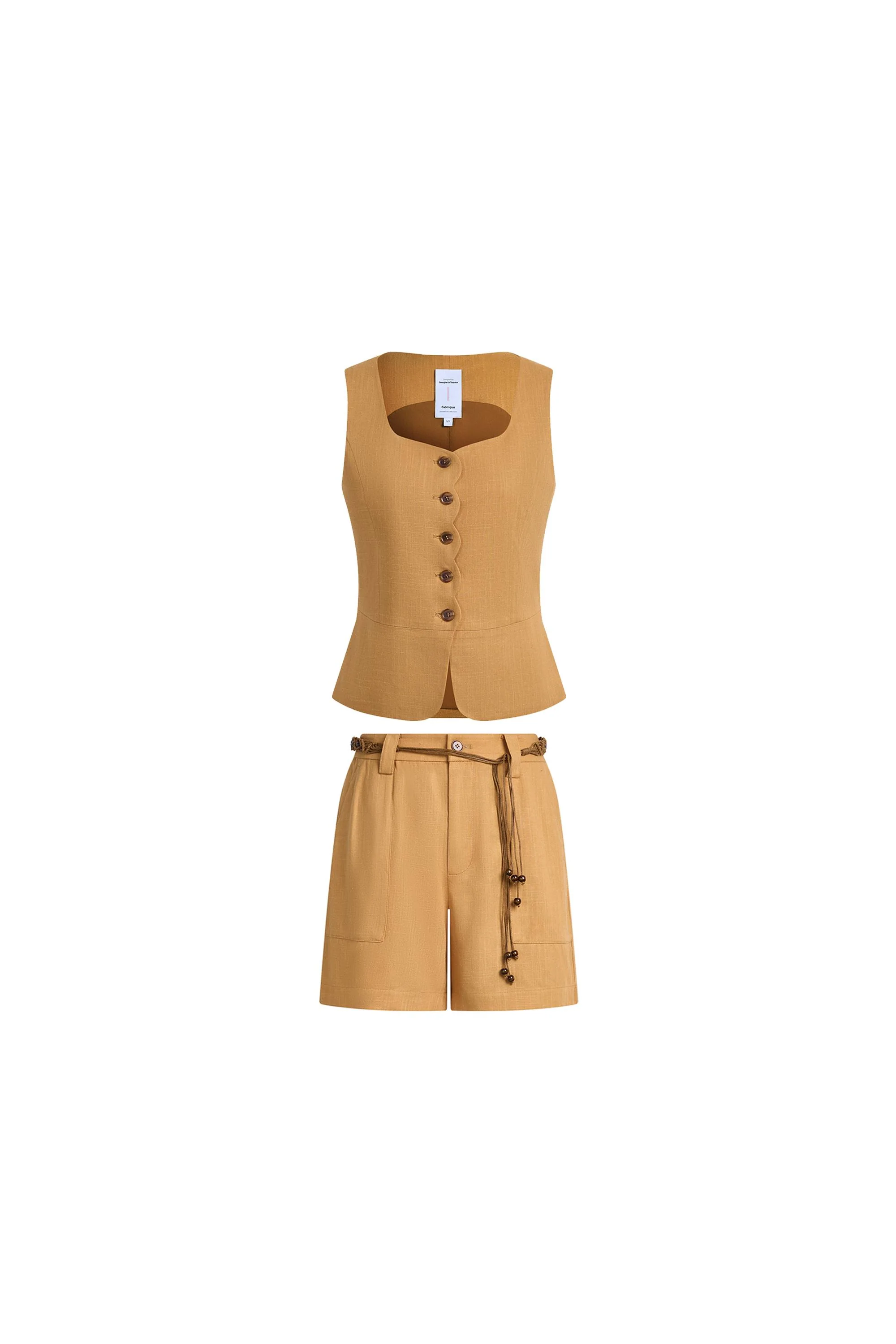 Suzane Handwork Stitched Scalloped Trim Sleeveless Top and Shorts Set in Linen Blend Suiting - Image 6