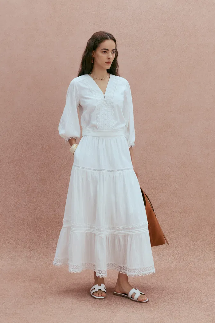 Sybilla Tiered Openwork Maxi Skirt in Cotton - Image 3