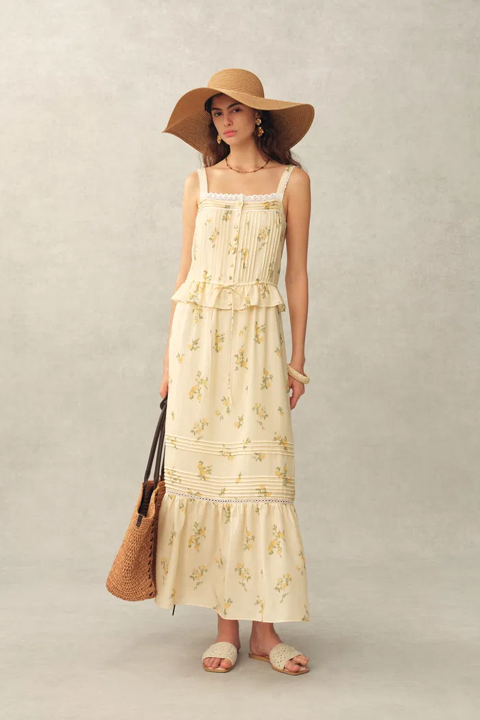 Sylvia Floral Lace Trim Layered Sleeveless Cami Dress in Linen Blend - Image 2
