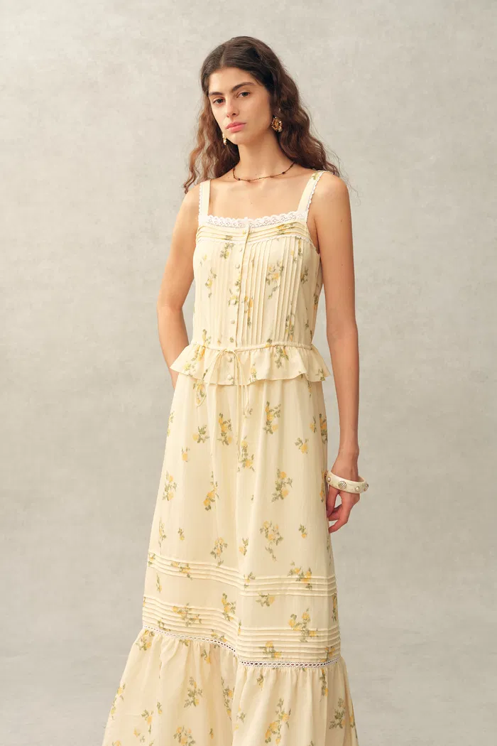 Sylvia Floral Lace Trim Layered Sleeveless Cami Dress in Linen Blend - Image 4