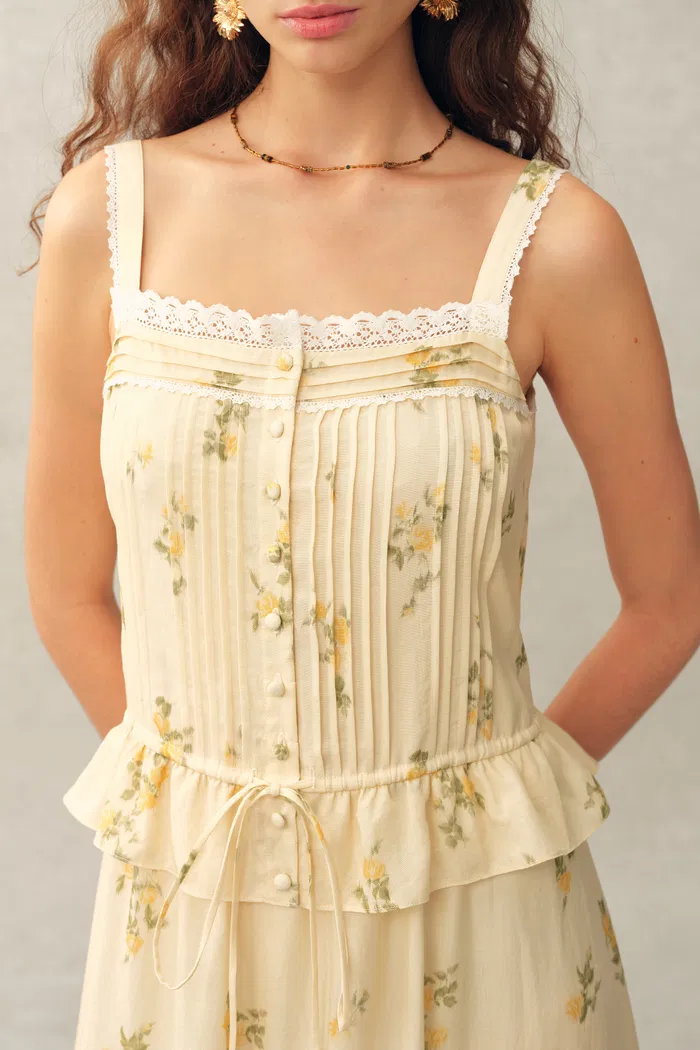Sylvia Floral Lace Trim Layered Sleeveless Cami Dress in Linen Blend - Image 6