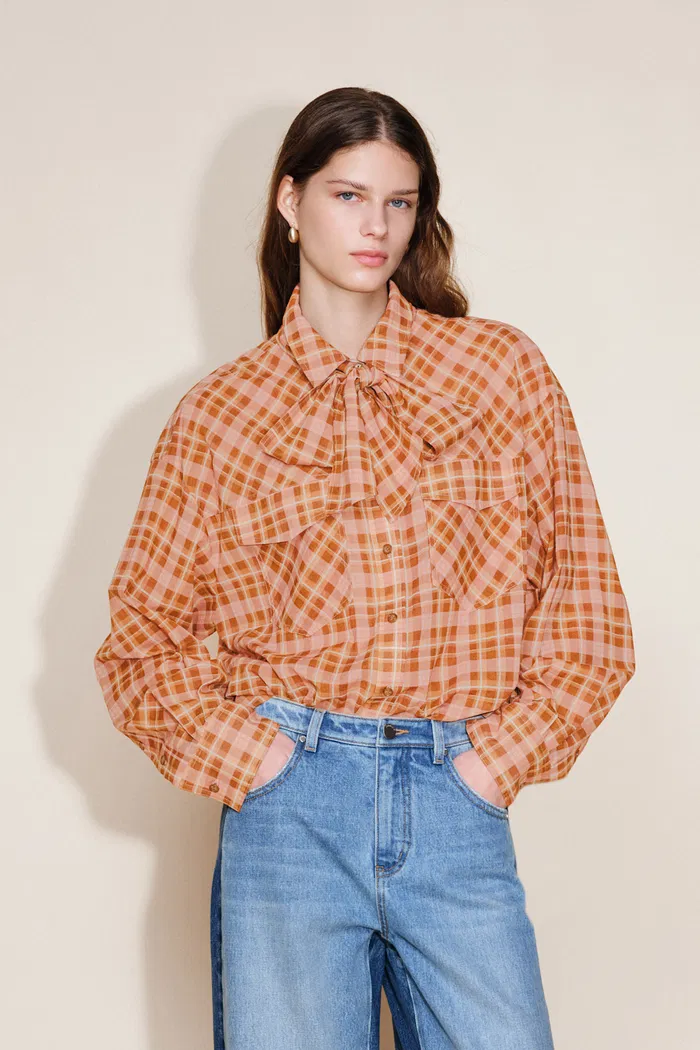 Tartan Detachable Bow Tie Lightweight Shirt in Sheer Cotton - Image 2