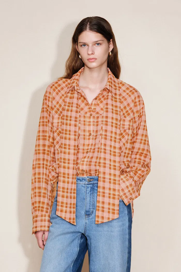Tartan Detachable Bow Tie Lightweight Shirt in Sheer Cotton - Image 4