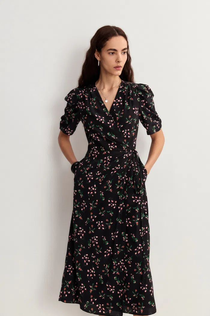 Teana V Neck Floral Dress in Mulberry Silk Crepe - Image 4