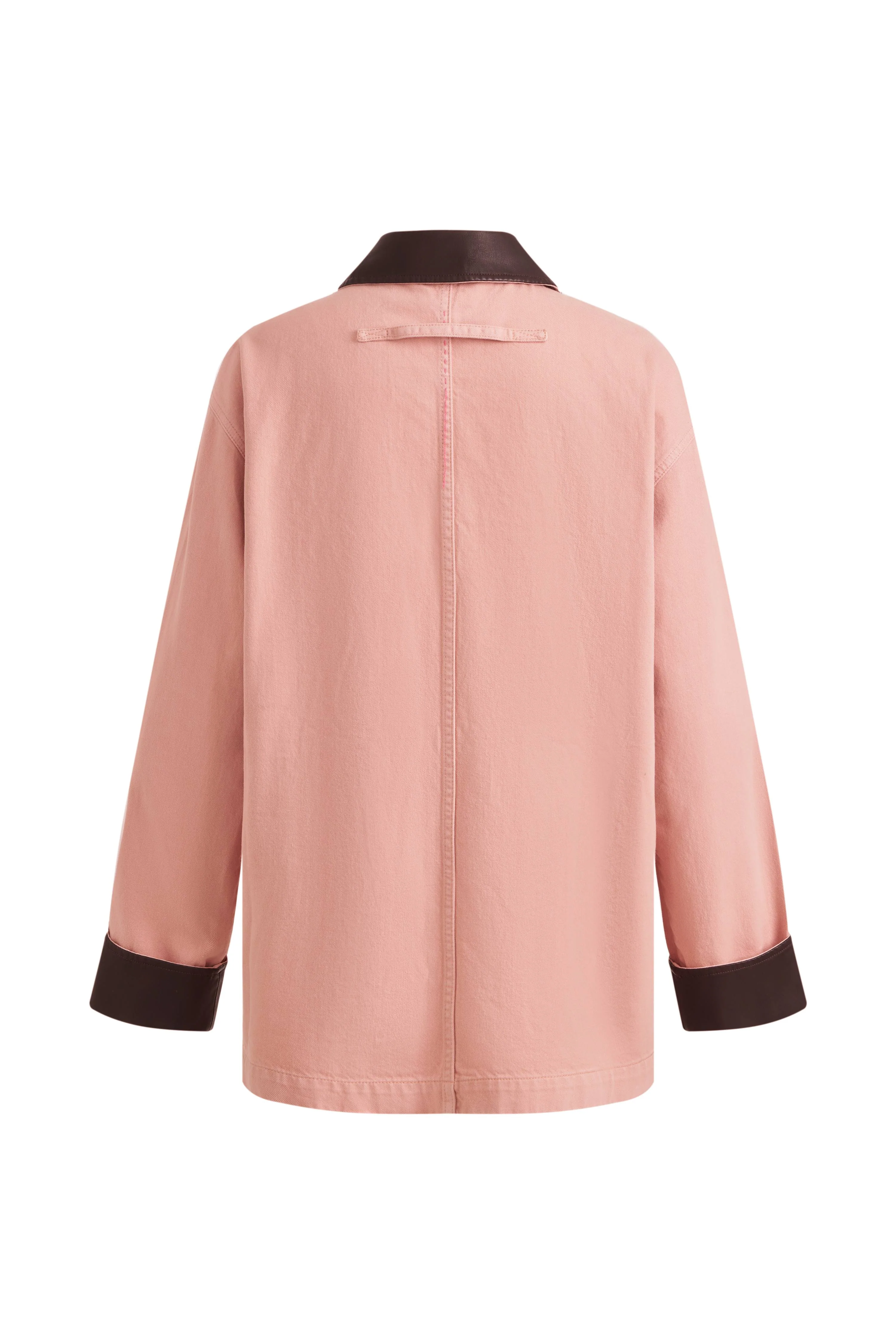 Telmo Dusty Pink Leather Collar Patch Pocket Jacket in Cotton Denim - Image 10