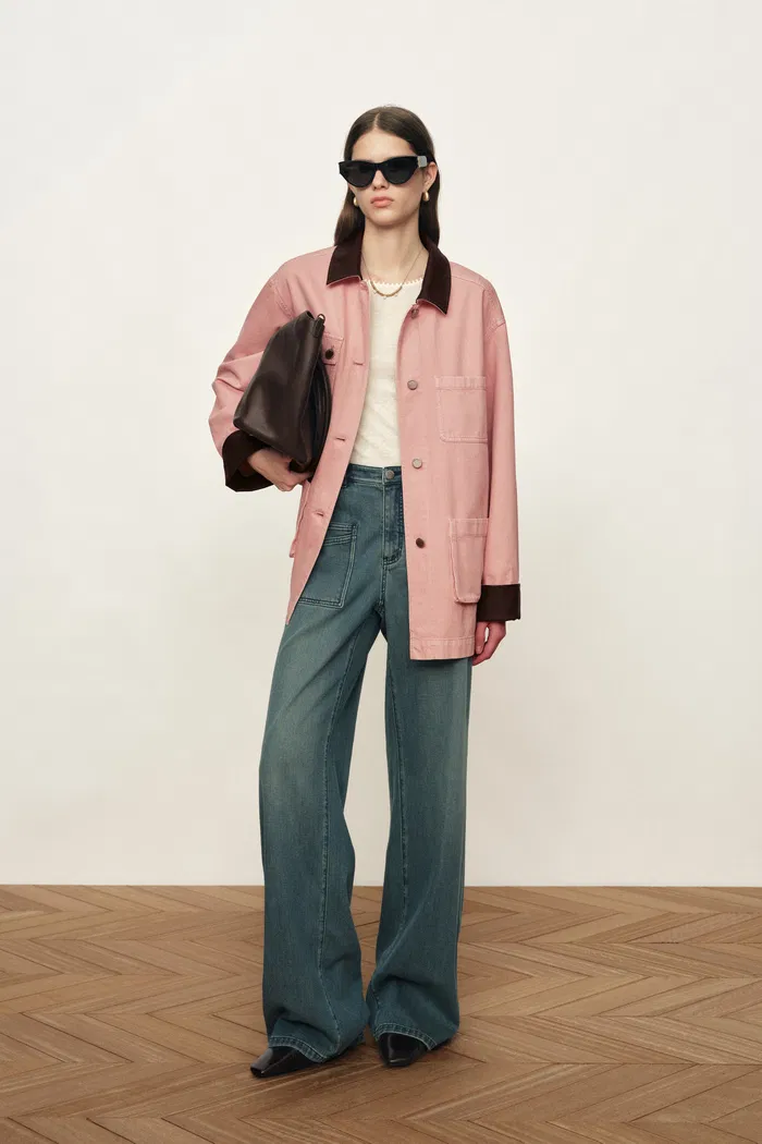 Telmo Dusty Pink Leather Collar Patch Pocket Jacket in Cotton Denim - Image 4