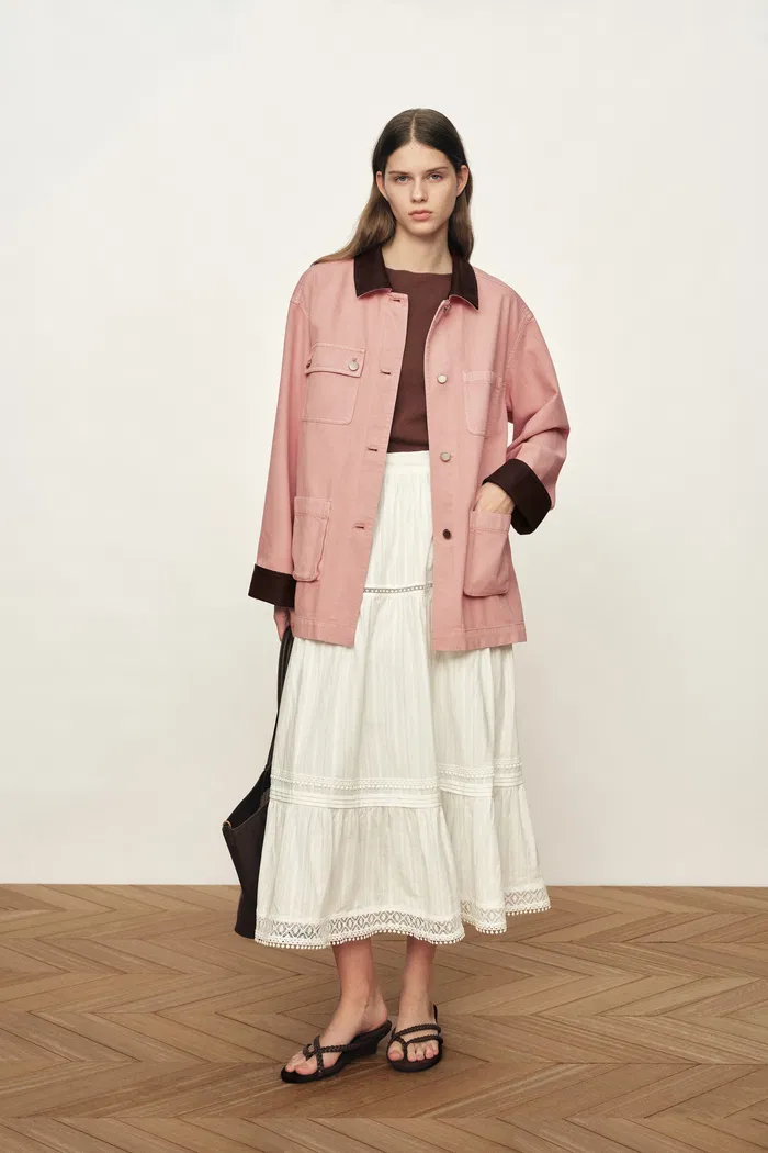 Telmo Dusty Pink Leather Collar Patch Pocket Jacket in Cotton Denim - Image 5