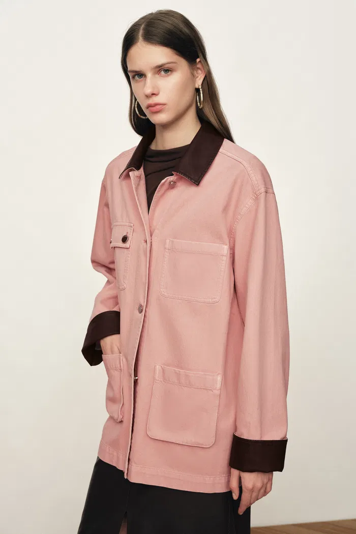 Telmo Dusty Pink Leather Collar Patch Pocket Jacket in Cotton Denim - Image 6