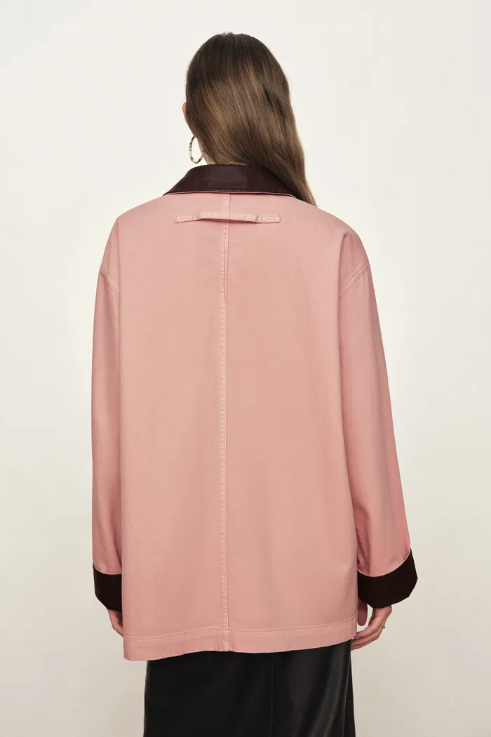 Telmo Dusty Pink Leather Collar Patch Pocket Jacket in Cotton Denim - Image 7